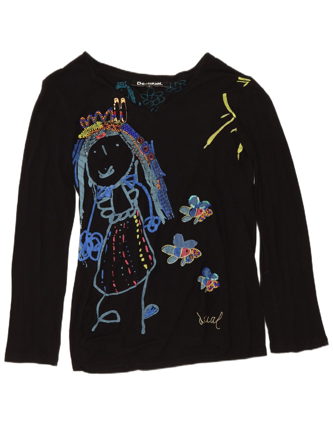 DESIGUAL Top grafic pentru femei cu mânecă lungă UK 16 mare negru