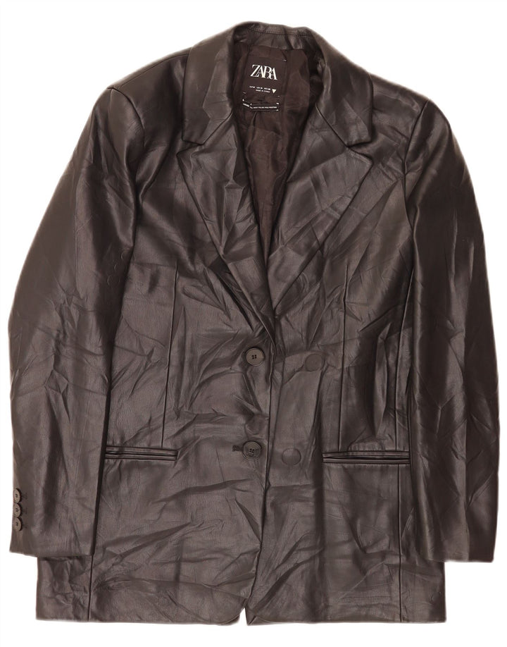 Jachetă Blazer din piele artificială cu 2 nasturi Zara pentru femei UK 14 Medium Black Classic
