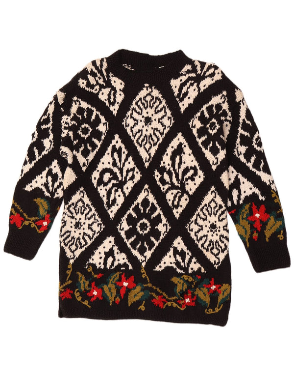 Pulover vintage pentru femei, lucrat manual cu gâtul turn, pulover UK 14 Medium Black Floral