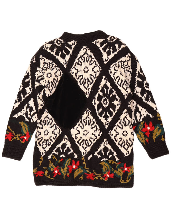Pulover vintage pentru femei, lucrat manual cu gâtul turn, pulover UK 14 Medium Black Floral
