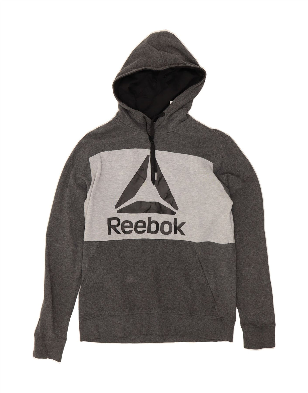 REEBOK Mens Graphic Hoodie Jumper Small Grey Colourblock Vintage Reebok and Second-Hand Reebok from Messina Hembry 