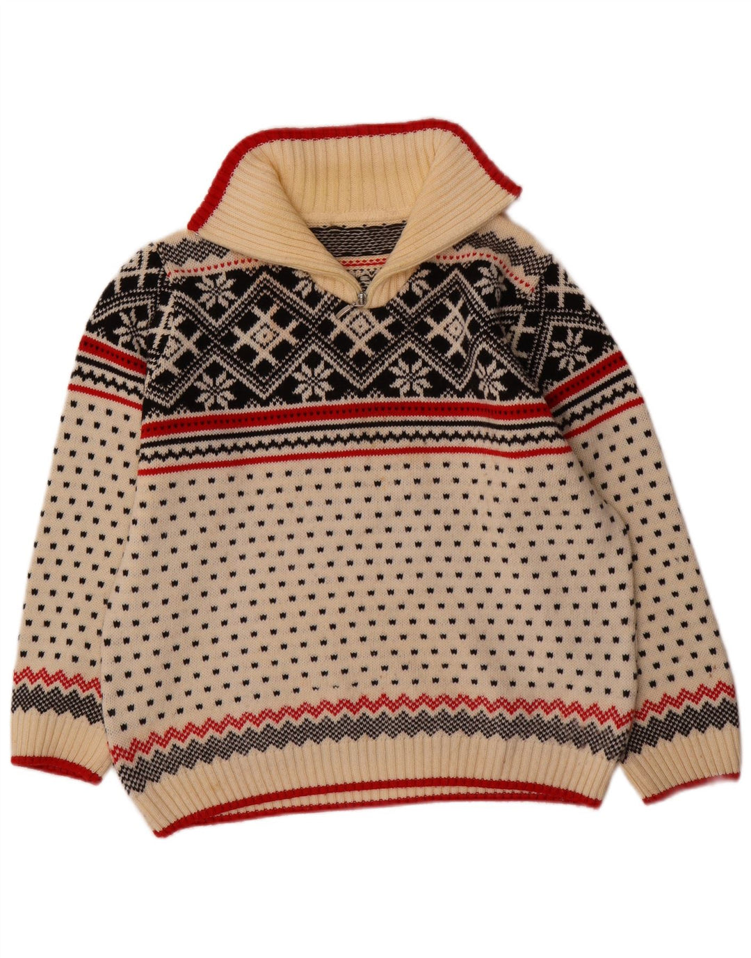 Pulover VINTAGE pentru femei, cu fermoar, cu gât, Marea Britanie 16, mare, alb, Fair Isle