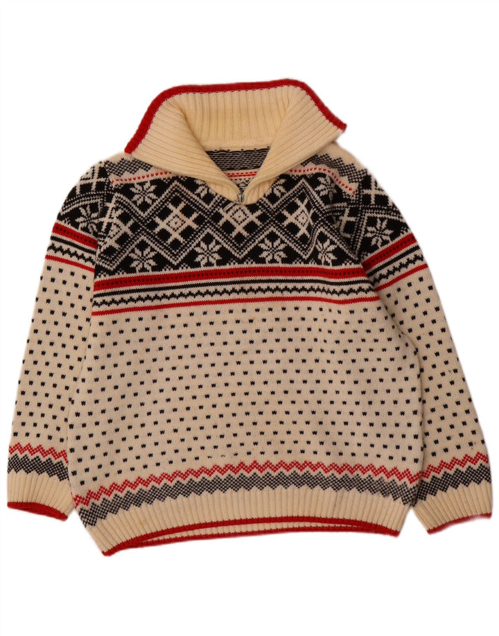 Pulover VINTAGE pentru femei, cu fermoar, cu gât, Marea Britanie 16, mare, alb, Fair Isle