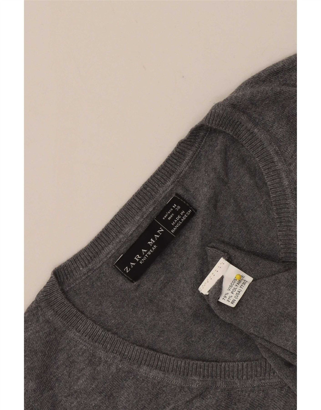 Zara Pulover cu decolteu în V pentru bărbați, gri mediu, viscoză, bloc de culoare