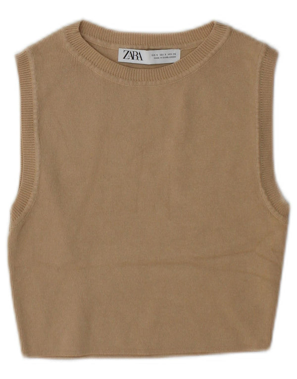 Zara femei Crop Vest Tank Top UK 10 Mic Bej Viscoza