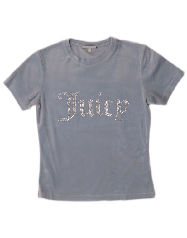 Tricou cu grafică din velur pentru femei Juicy Couture Top UK 12 Poliester albastru mediu