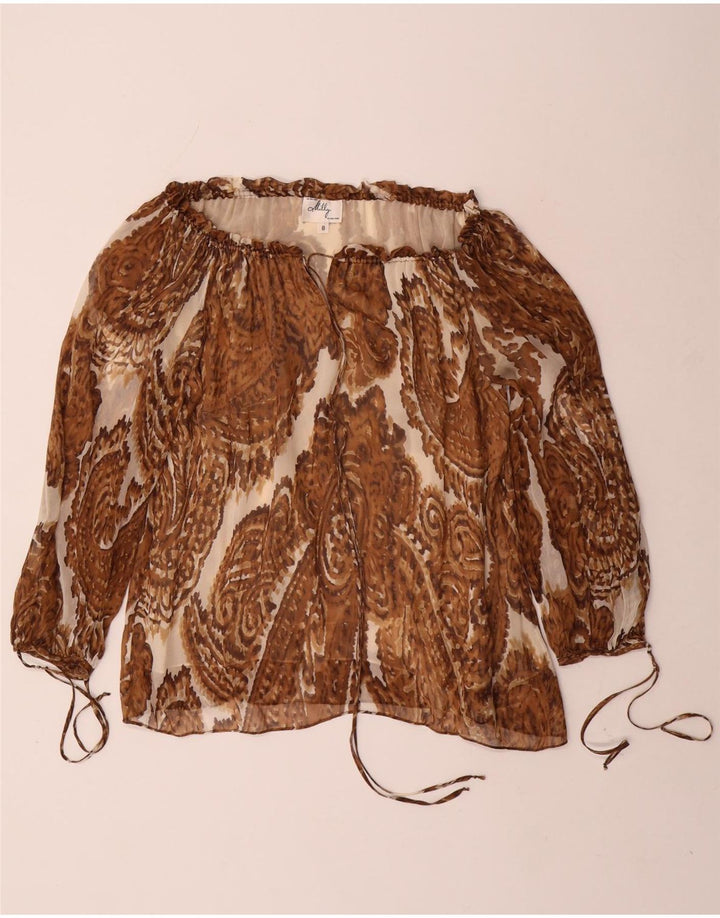 Top pentru femei Milly cu mâneci 3/4 cu umăr dezactivat US 8 Medium Brown Paisley Silk