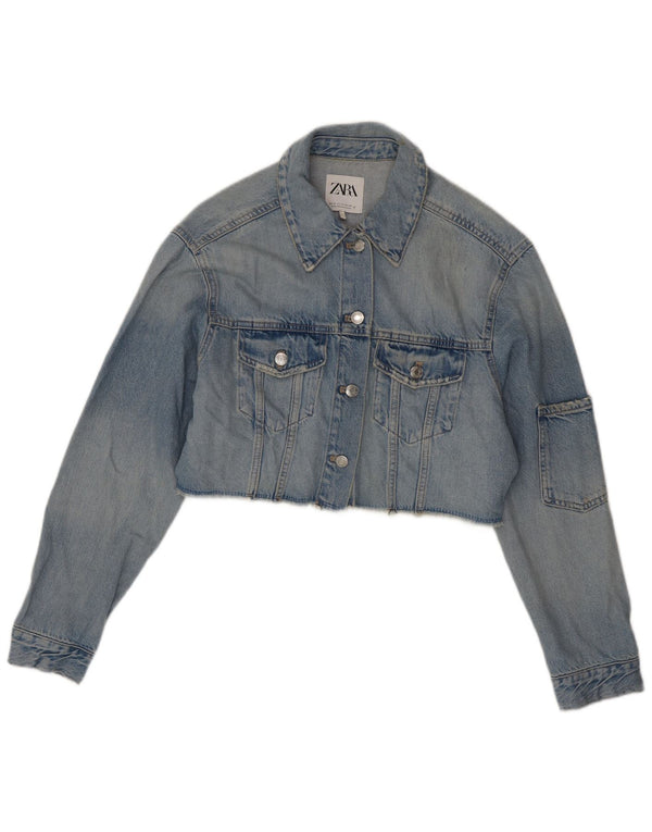 ZARA Womens Crop Oversized Denim Jacket UK 10 Small Blue Cotton