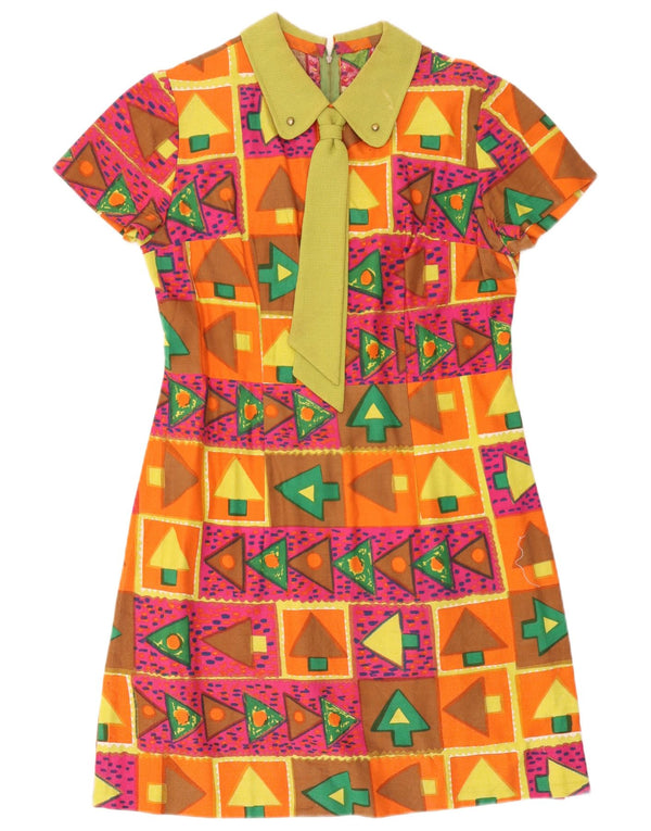 Rochie vintage pentru femei cu cravată în față, în formă de A UK 16, mare, multicoloră, geometrică