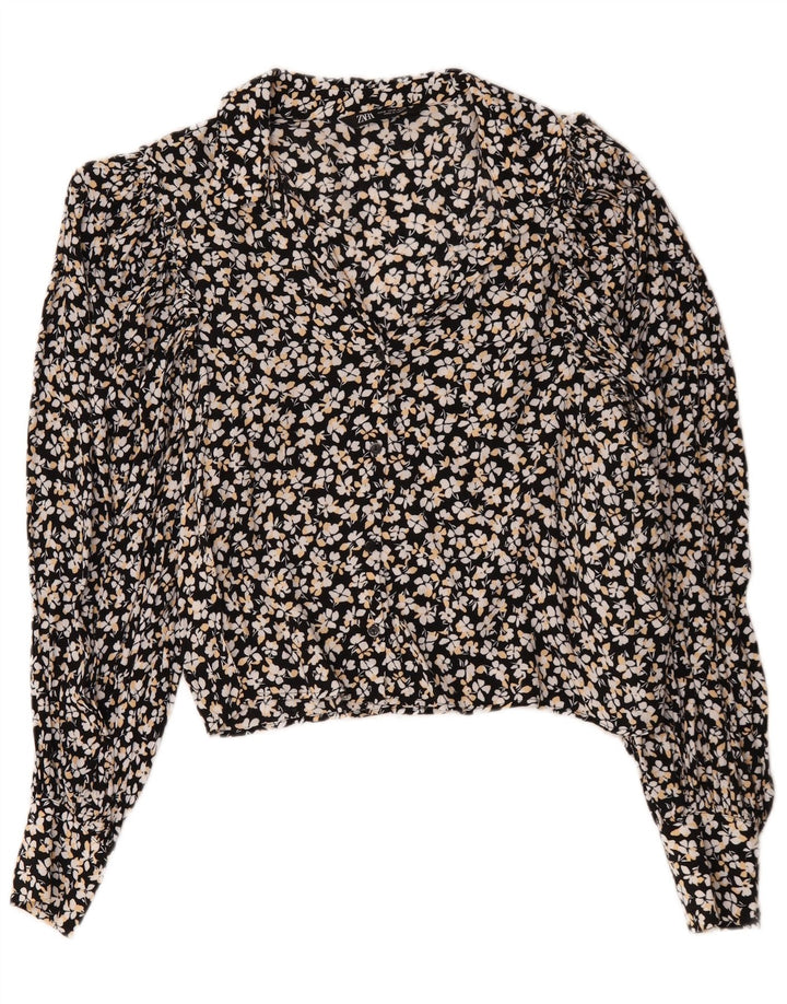 Bluză cămașă pentru femei Zara UK 14 Medium Black Floral Viscose