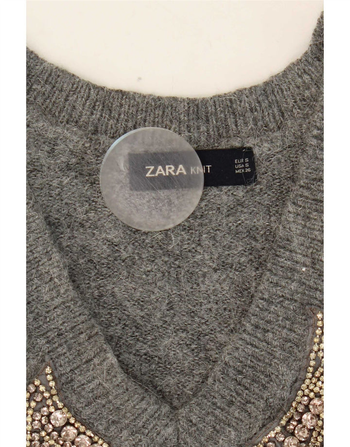 Pulover cu decolteu în V cu grafic pentru femei Zara UK 10 Gri mic