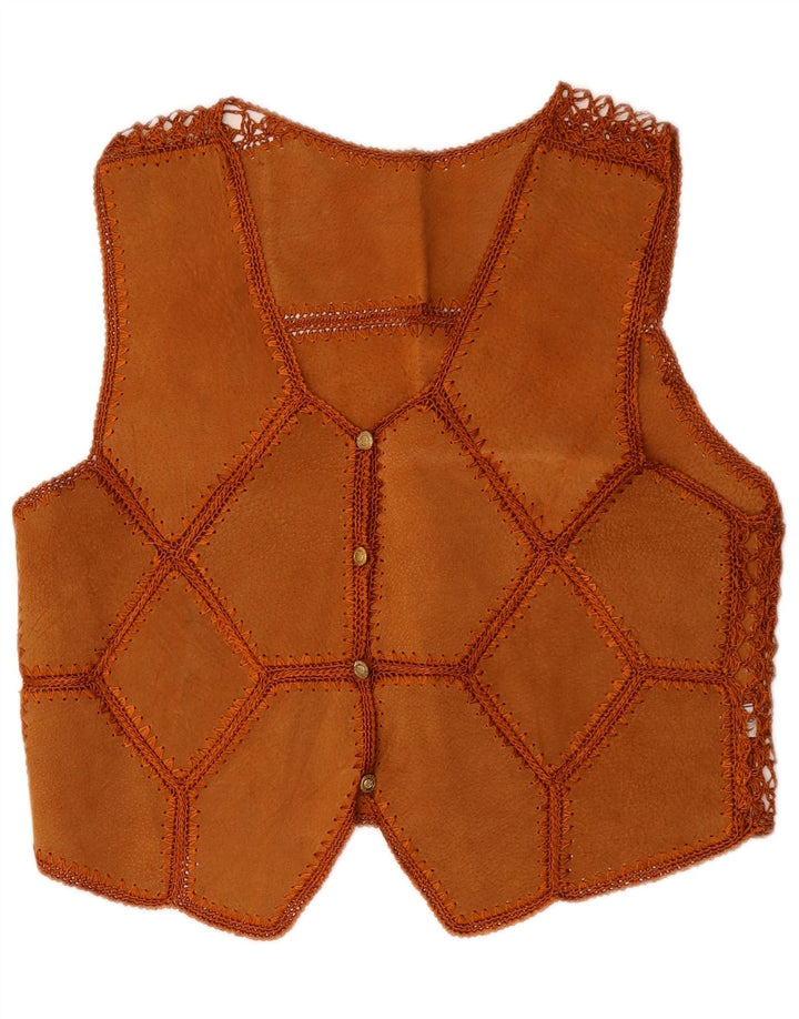 VINTAGE Vestă crop din piele intoarsa pentru femei UK 14 Medium Brown Patchwork