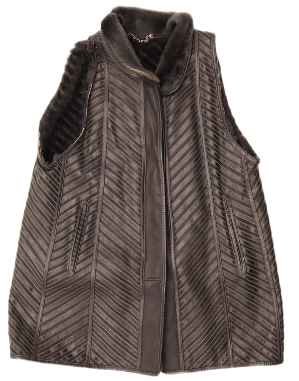 Gilet pentru femei VINTAGE Sherpa cu paragate EU 40 Medium Gri cu dungi din piele