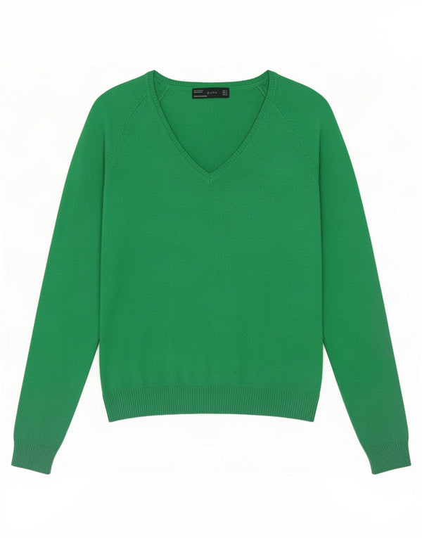 Pulover cu decolteu în V Zara pentru femei UK 14, bumbac verde mare