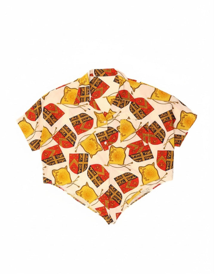 Bluză de cămașă vintage pentru femei, crop, cu model abstract, UK 14, mare, în alb