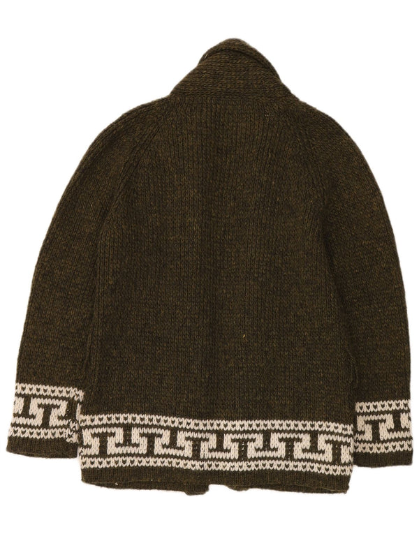 Pulover Vintage cardigan deschis pentru femei UK 14 Medium Kaki Geometric Lână