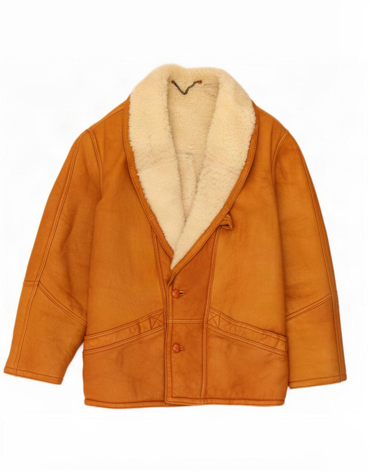 Jachetă vintage bărbătească din shearling IT 50 mare maro colorblock