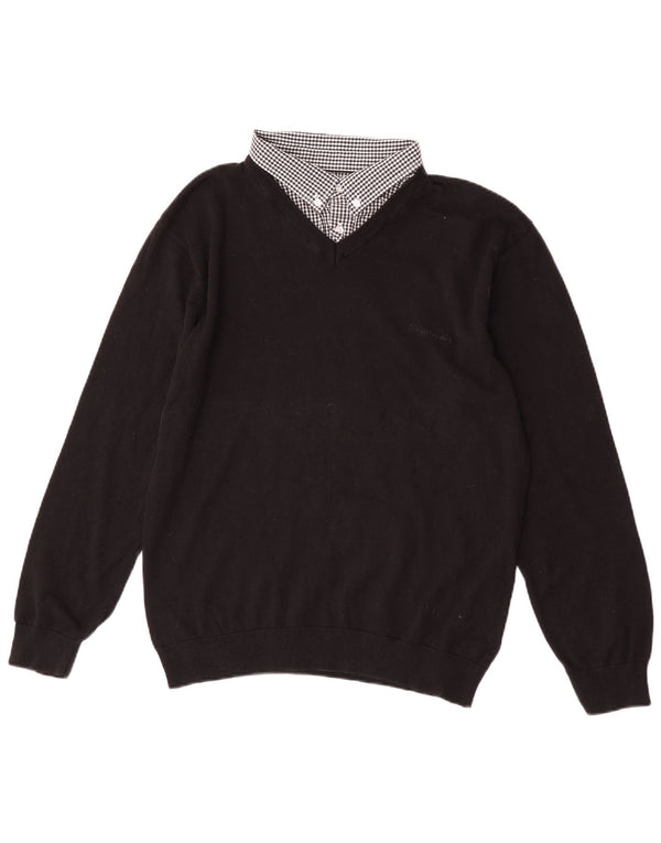 Pierre Cardin Mens V-Neck Jumper Sweater XL Black Check Cotton