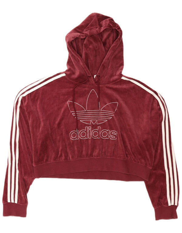 Adidas Womens Oversized Crop Velour Hoodie Jumper UK 16 Large Burgundy