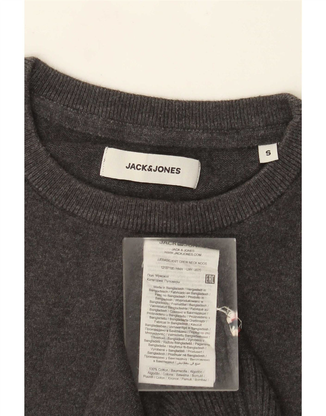 Pulover Jack & Jones pentru bărbați cu gât roșu, bumbac mic, gri