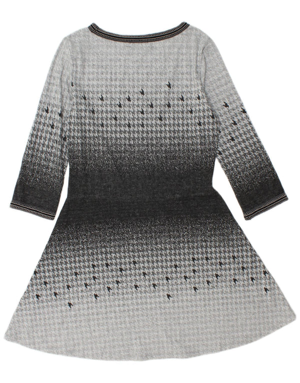 DESIGUAL Womens 3/4 Sleeve A-Line Dress UK 14 Large Grey Houndstooth