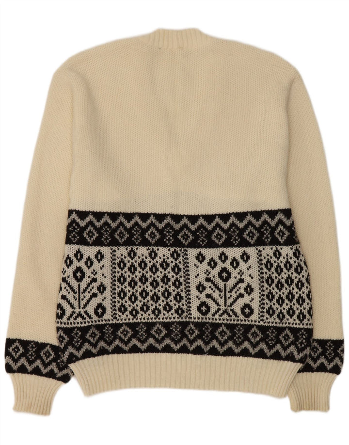 Pulover vintage cu decolteu în V pentru bărbați, alb mediu, geometric