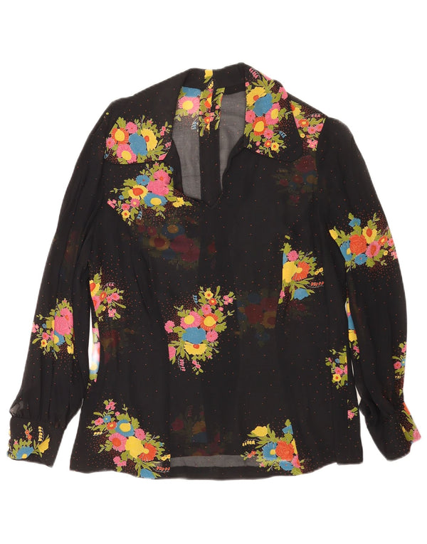 Bluză vintage cu mânecă lungă pentru femei See Through UK 14 Medium Black Floral