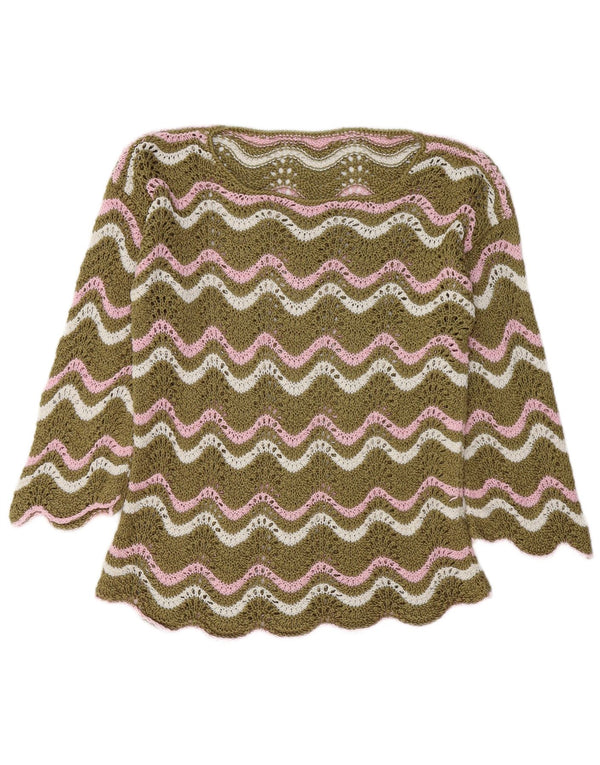 Pulover vintage pentru femei croșetat cu gâtul barca UK 14 Medium Khaki Chevron