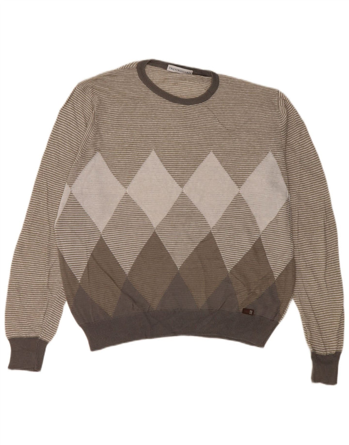 Pulover Trussardi pentru bărbați cu gât roșu, mare, gri Argyle/Diamond