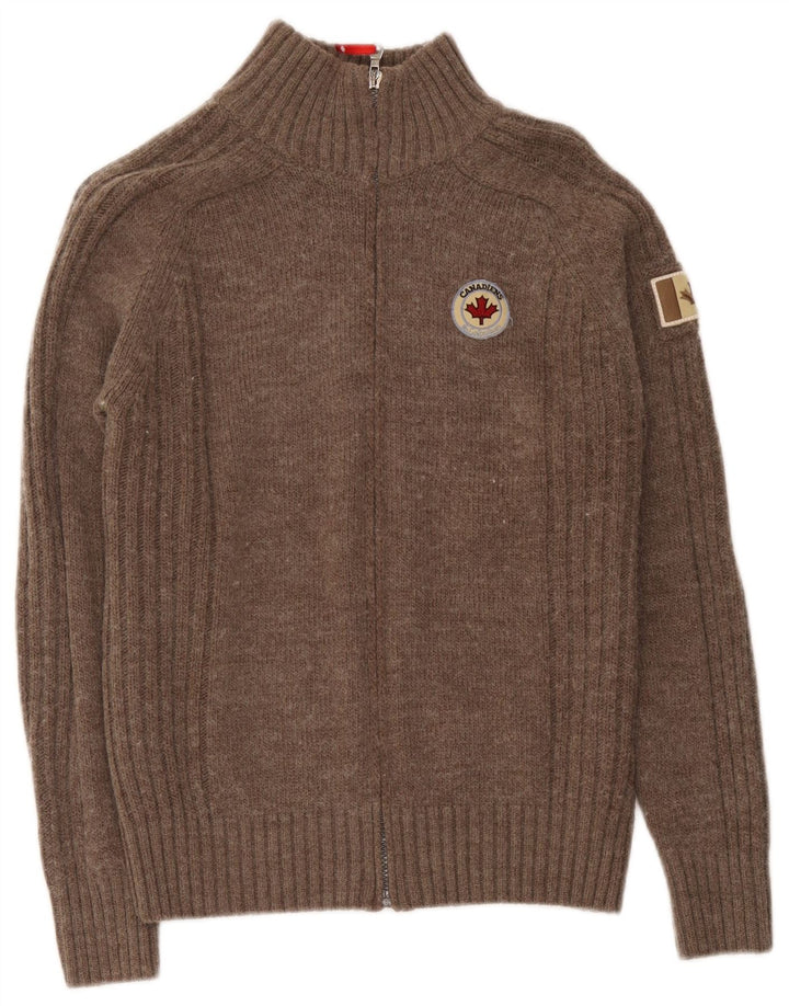 Pulover cardigan supradimensionat pentru femei Canadiens cu fermoar complet UK 10 Lână maro mică