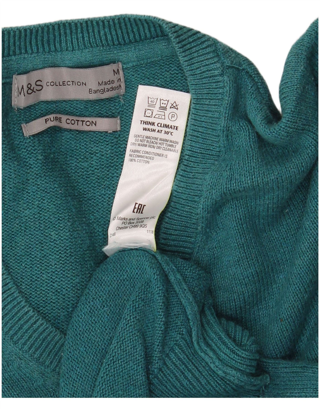 Pulover pentru bărbați Marks & Spencer, cu decolteu în V, din bumbac verde mediu