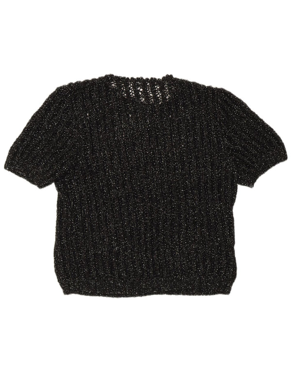 Pulover vintage pentru femei cu mânecă scurtă cu gâtul tripu și pulover UK 12 mediu negru