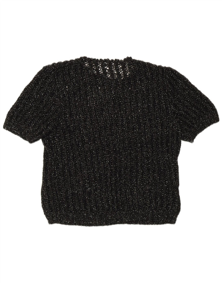 Pulover vintage pentru femei cu mânecă scurtă cu gâtul tripu și pulover UK 12 mediu negru