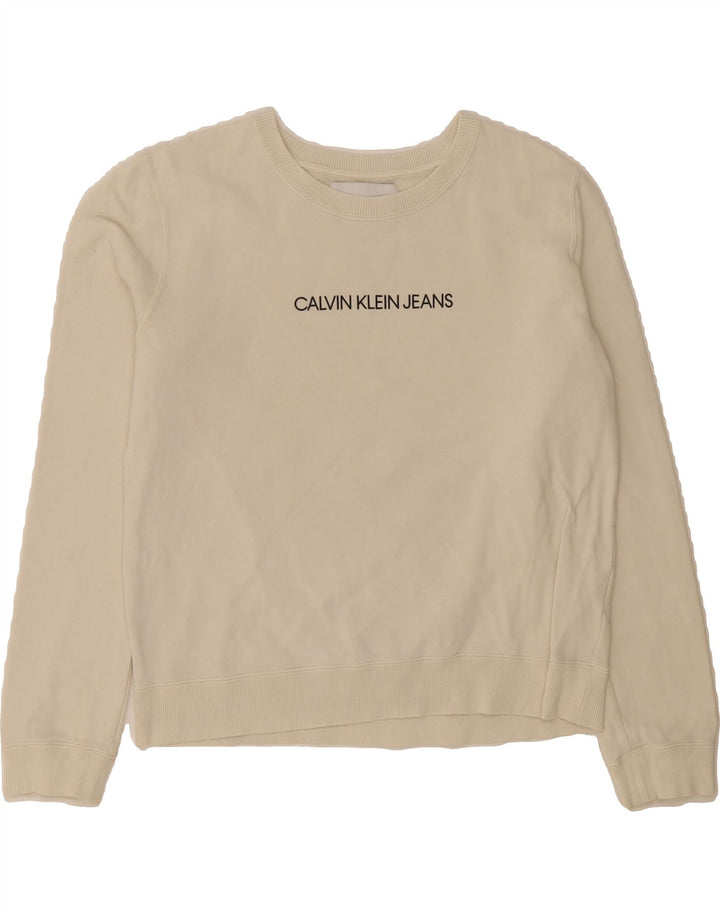 CALVIN KLEIN JEANS Womens Graphic Sweatshirt Jumper UK 14 Medium Off White Vintage Calvin Klein Jeans and Second-Hand Calvin Klein Jeans from Messina Hembry 
