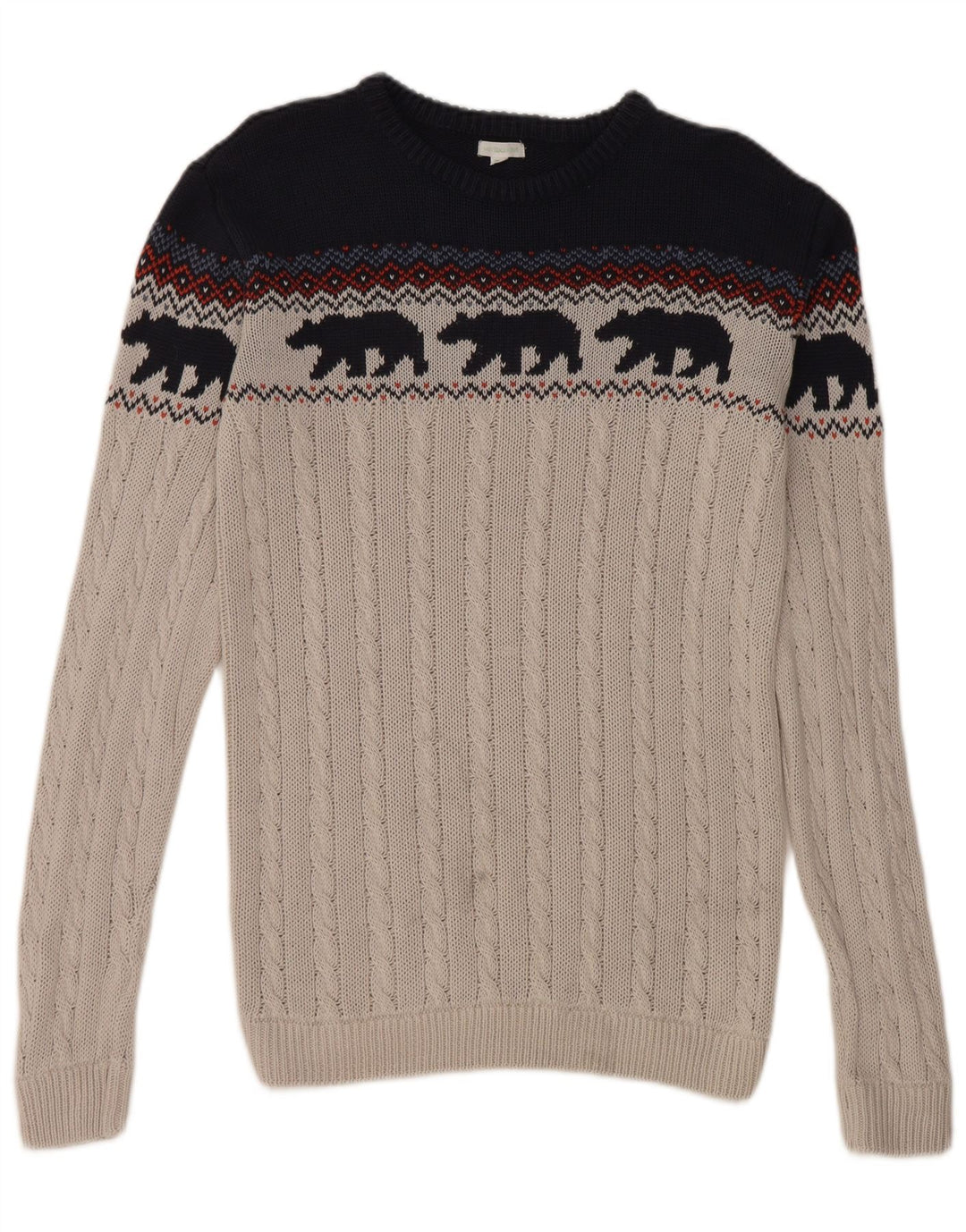 Pulover VINTAGE pentru femei cu decolteu rotund, UK 14, bumbac Fair Isle, gri mediu