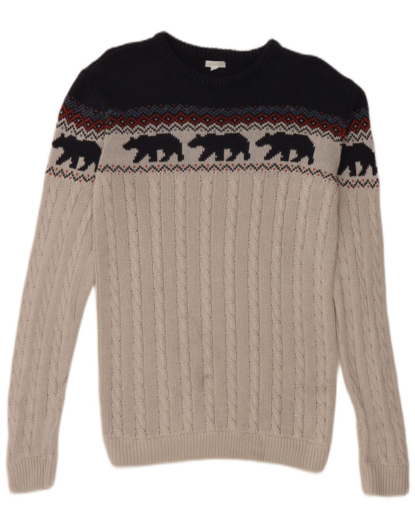 Pulover VINTAGE pentru femei cu decolteu rotund, UK 14, bumbac Fair Isle, gri mediu