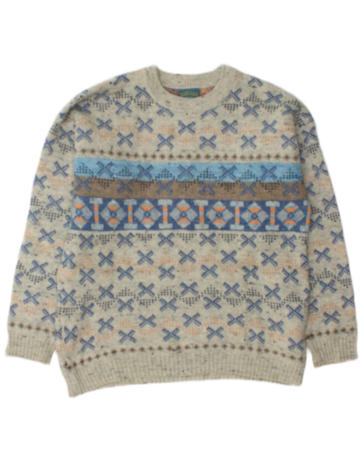 Pulover vintage pentru bărbați cu gât de barcă, lână geometrică, gri mediu