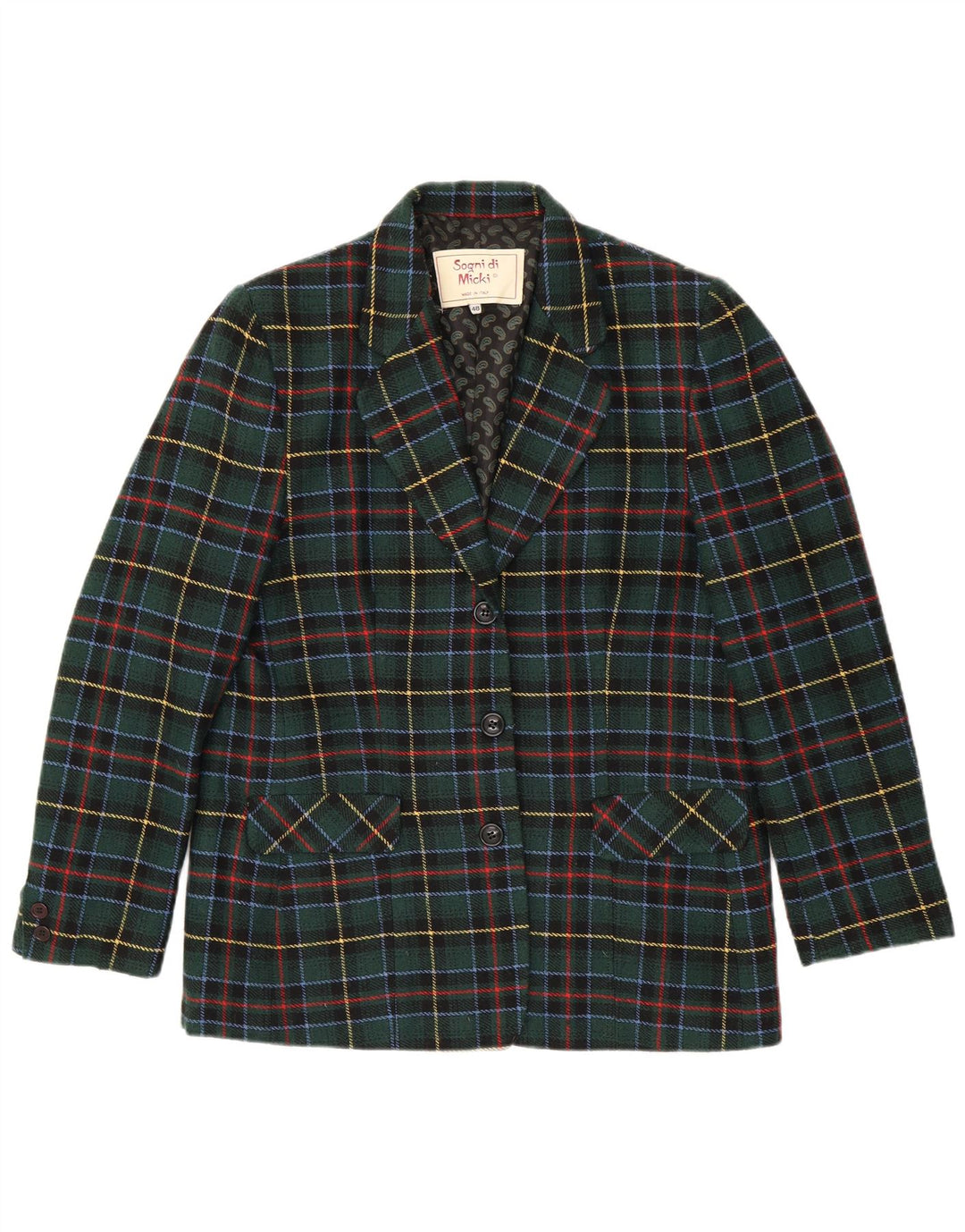 Jachetă vintage pentru femei cu 3 nasturi IT 48 XL Poliester cu carouri verde