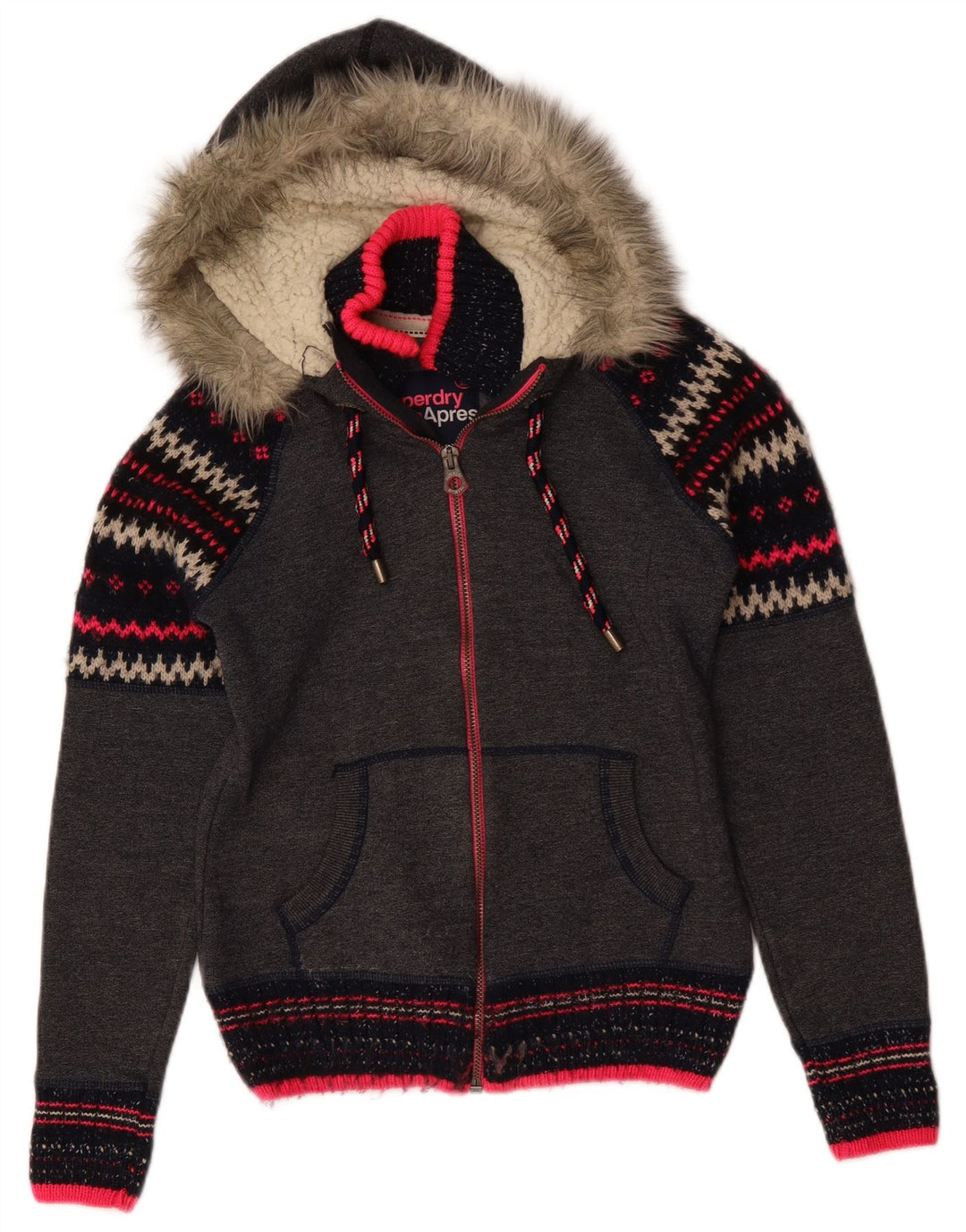 Pulover Superdry pentru femei cu fermoar, UK 10, poliester chevron mic, gri