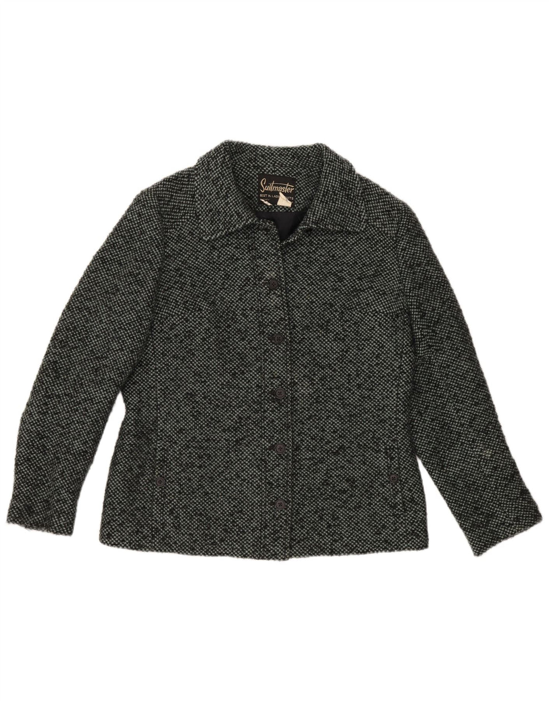 Jachetă pentru femei VINTAGE cu 6 nasturi, UK 16, lână mare, gri pete