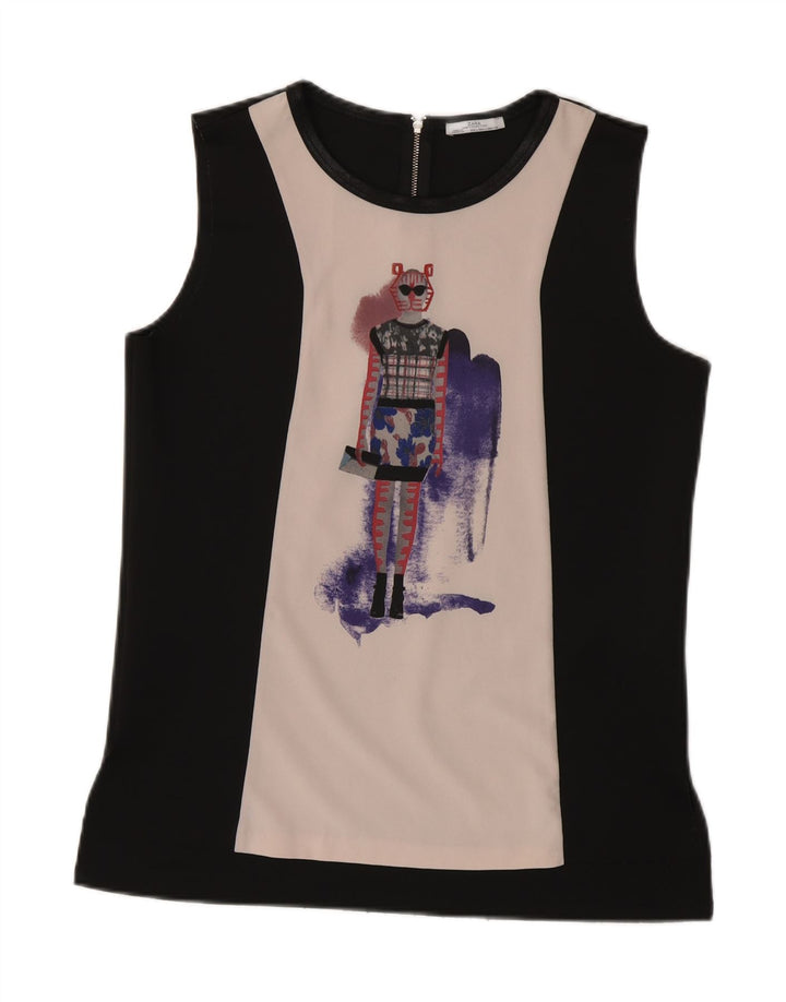 ZARA Womens Graphic Vest Top UK 14 Large Black Colourblock Polyester