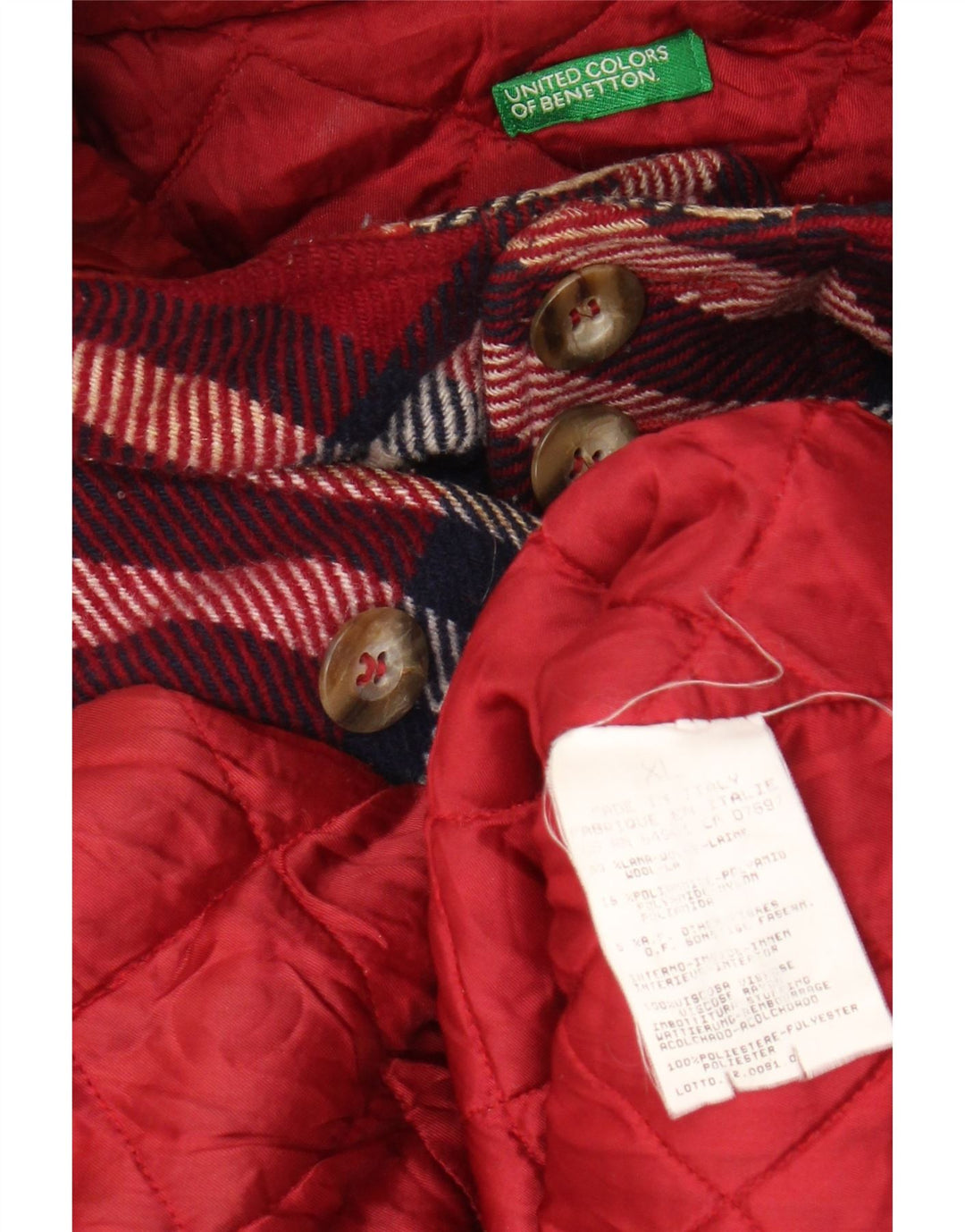 Pardesiu cu glugă BENETTON pentru femei UK 18 XL, lână carouri roșie