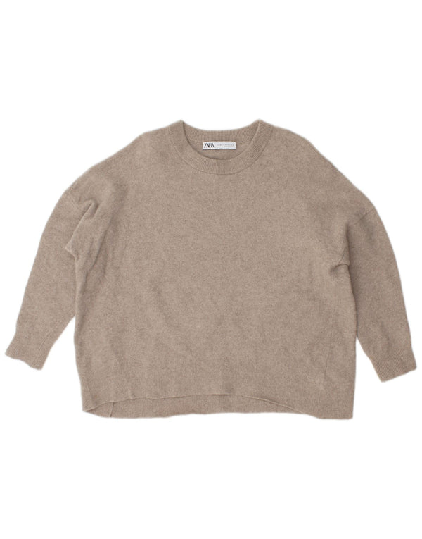 Pulover supradimensionat pentru femei Zara, cu gât crew, UK 12 Medium Beige Lână