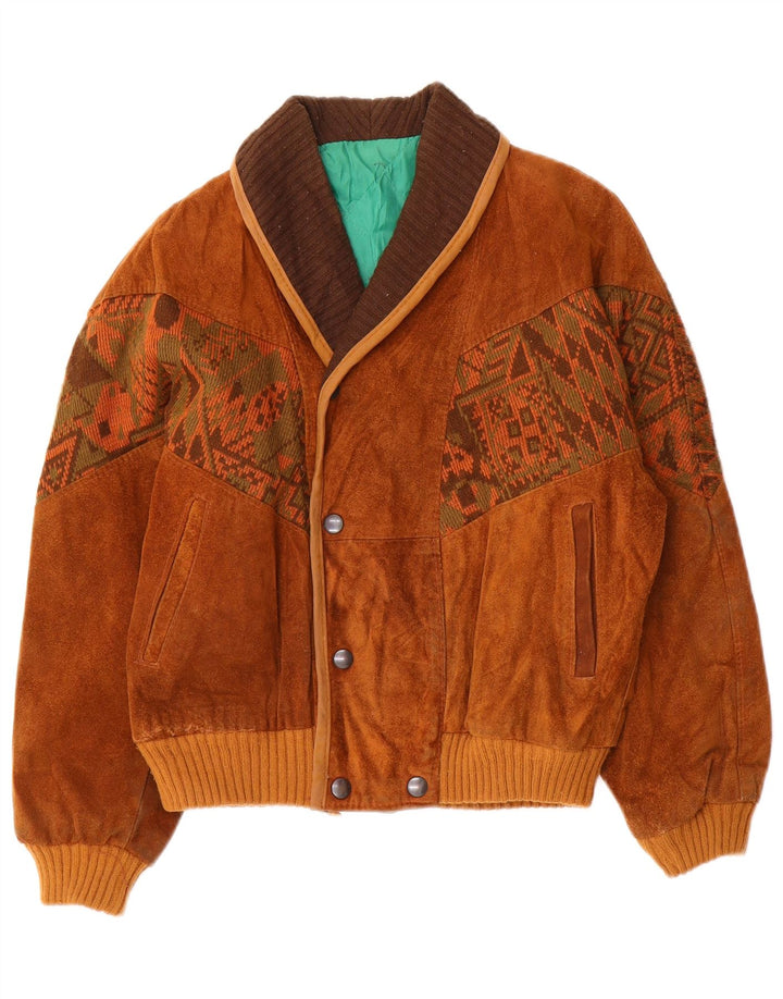 Jachetă vintage pentru femei Bomber Suede Windbreaker UK 14 Medium Brown Geometric