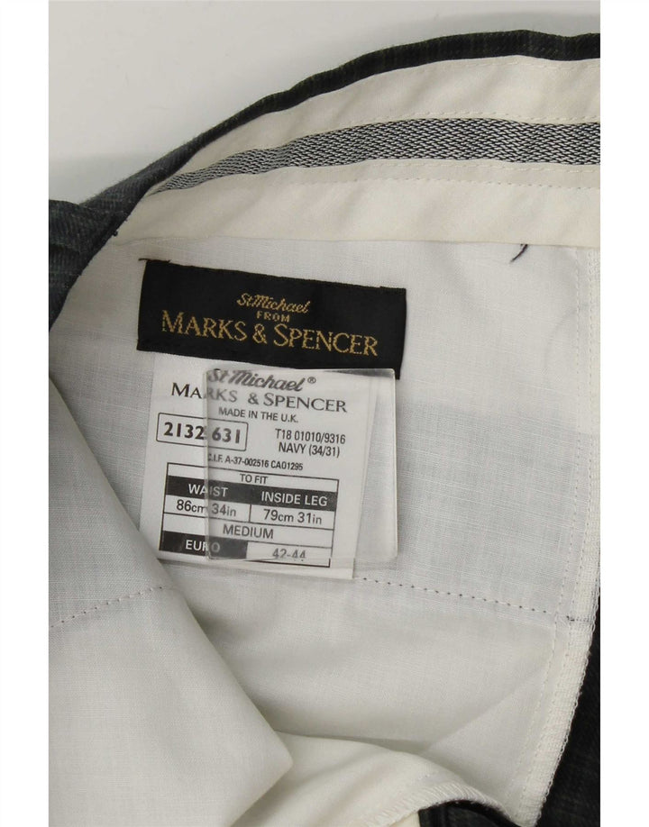 Marks & Spencer Pantaloni de costum slim pentru bărbați L34 L31 Lână cu carouri bleumarin