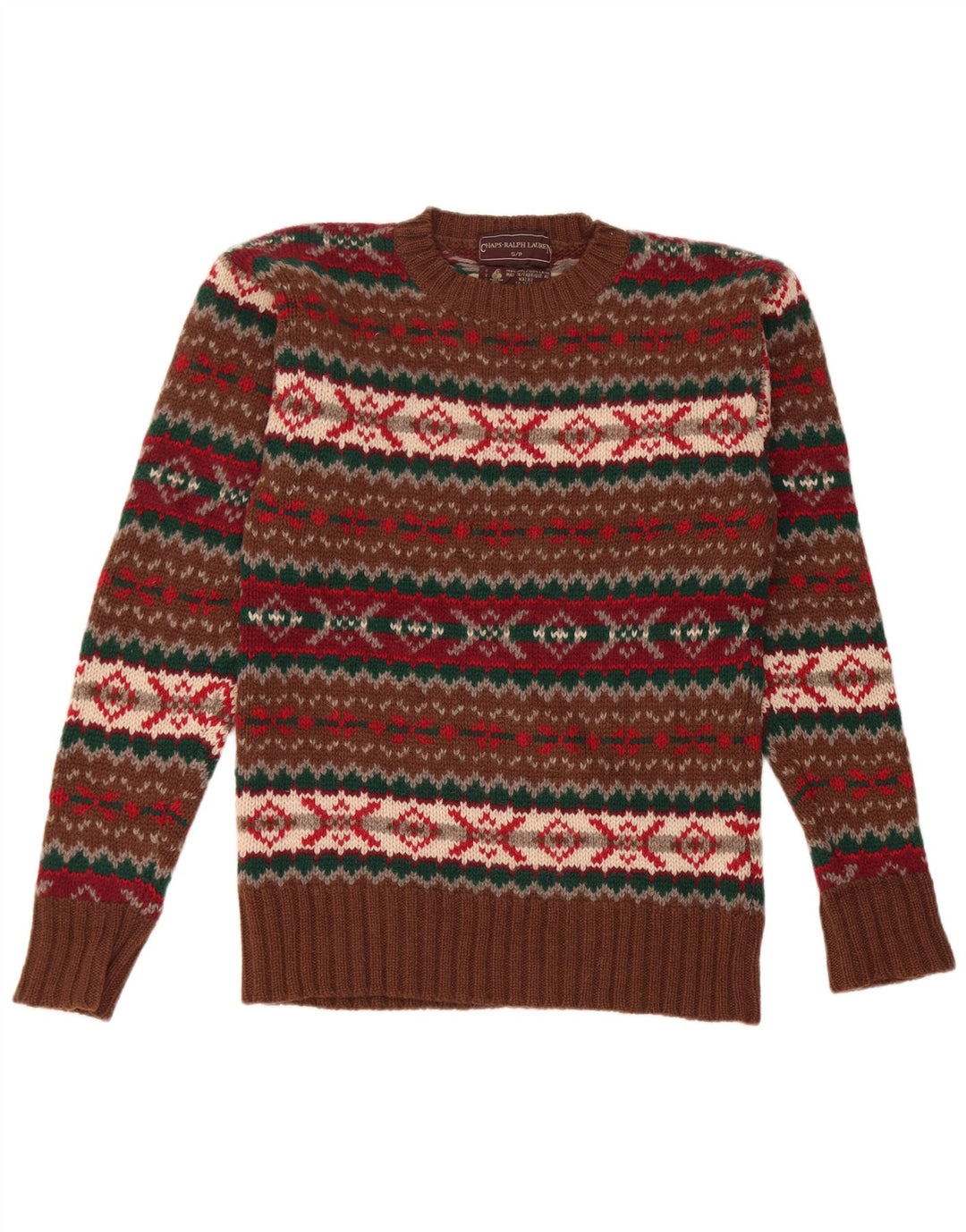Pulover pentru bărbați Chaps cu decolteu rotund din lână virgină Fair Isle, maro, mic