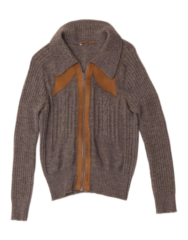 Pulover Cardigan Vintage pentru femei cu fermoar complet UK 4 XS Gri Colorblock