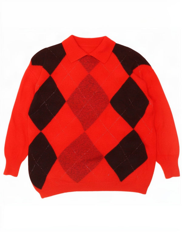 Pulover vintage cu gât polo pentru femei UK 14 Medium Red Argyle/Diamond
