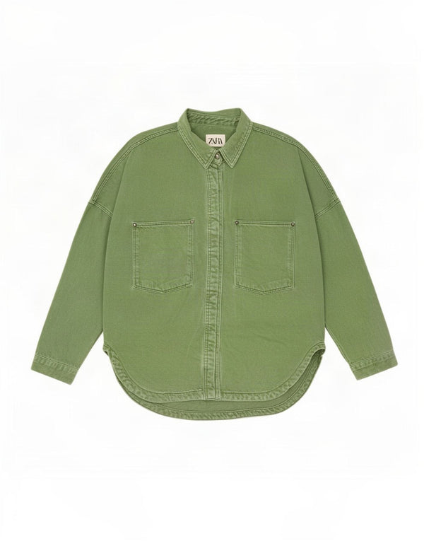 Cămașă denim supradimensionată pentru femei Zara UK 14, bumbac verde mediu