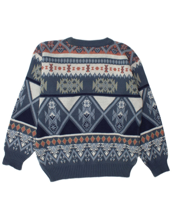Pulover vintage pentru bărbați, cu croiala lejeră, cu decolteu tripu, UK 34/36 XS Blue Fair Isle